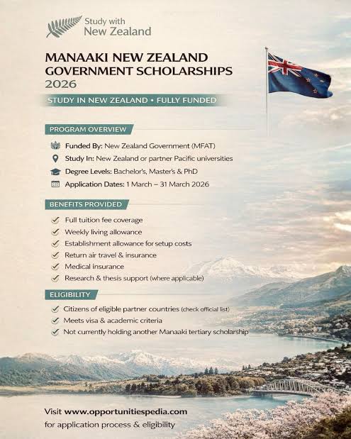 2026-2027 New Zealand Scholarship To Open March 01/03/2026 Apply Now